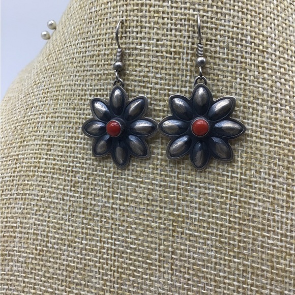 Vintage RJ Sterling Zuni Navajo Flower Red Coral Turquoise Dangle Earrings - Picture 3 of 7
